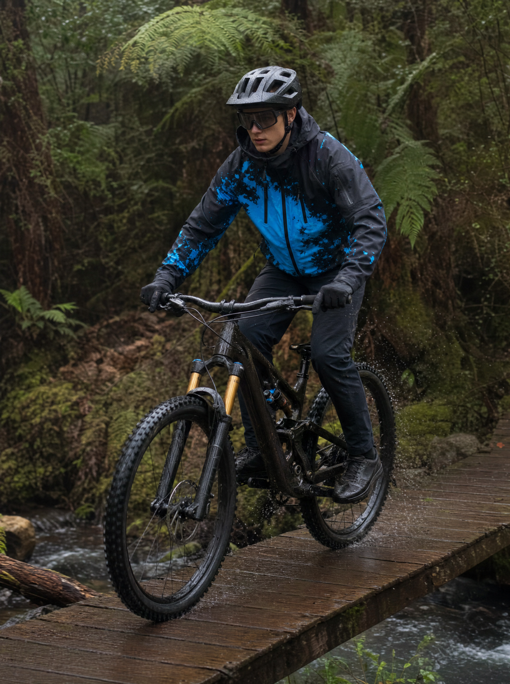 MountainShift jacket in Blue riding a creek boardwalk