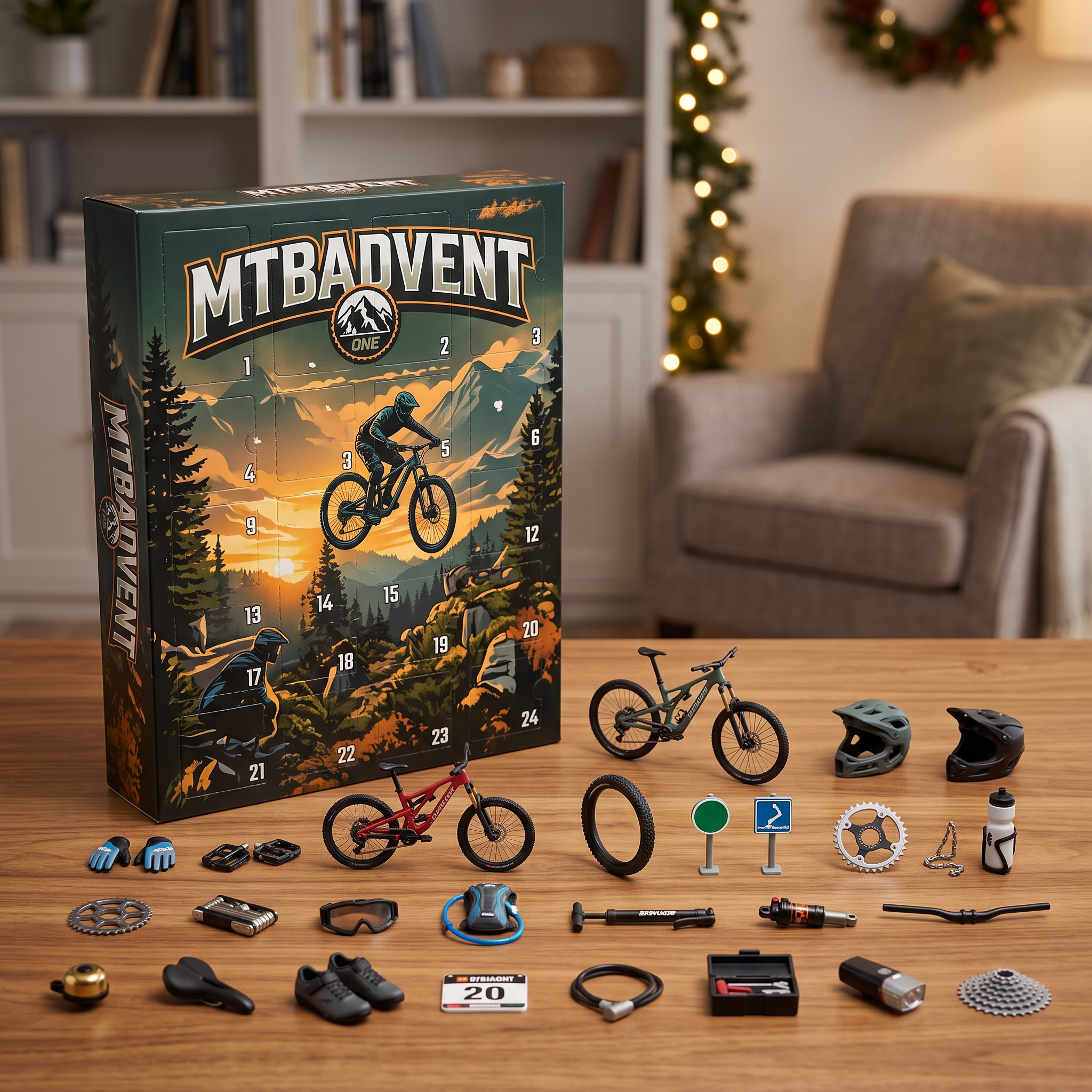 MTBAdvent calendar on a desk with the 24 mini mountain bike trinkets laid out